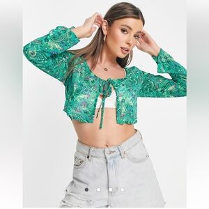 Stradivarius tie detail cardigan in 70s paisley print Hippie Festival Size L